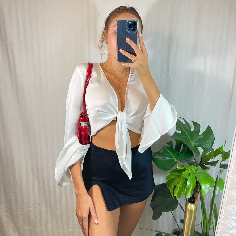 Silky Flare Sleeve White Tie Top